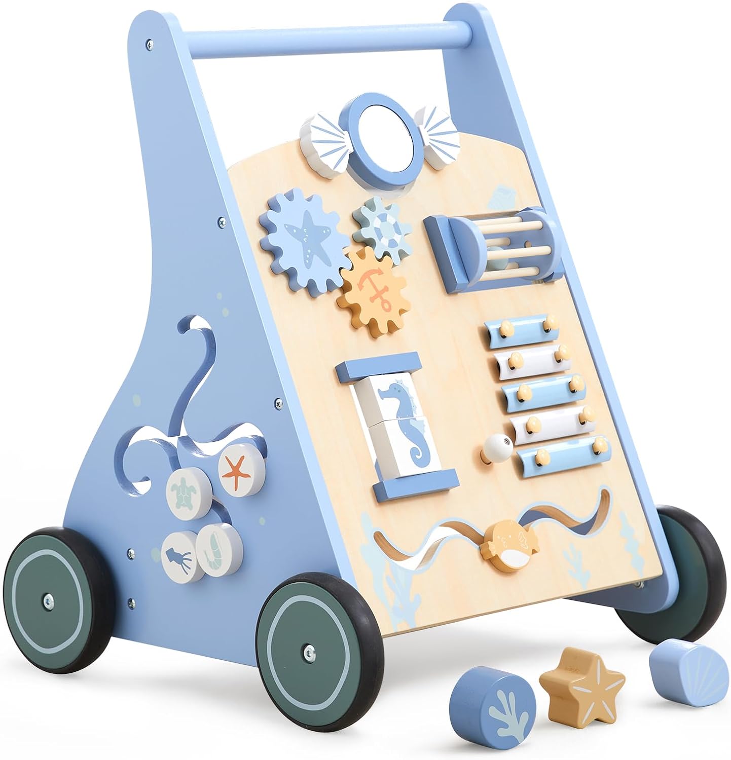 Beright - Holzwalker Baby Montessori Role Toy Walking Toy with Multiple Activities, Develops Motor Skills and Stimulates Creativity (Blue)