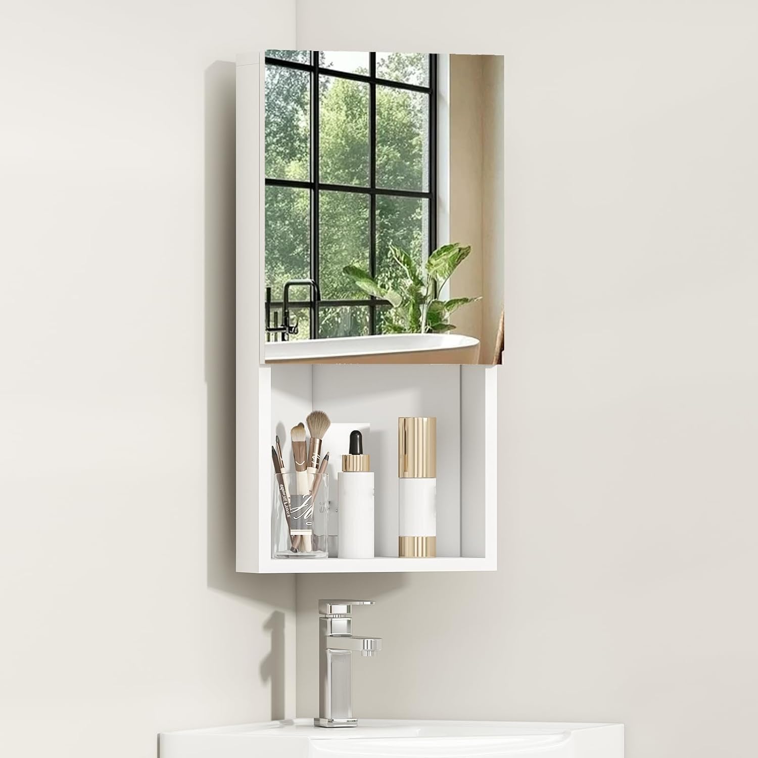 Rebonique Corner Bathroom Mirror Cabinet,Wall Mounted Corner Cabinet with 3 Shelves,Single Door Bathroom Cabinets with Mirror,White Storage Unit for Shower Room Bedroom Living Room, 30 * 24 * 60CM