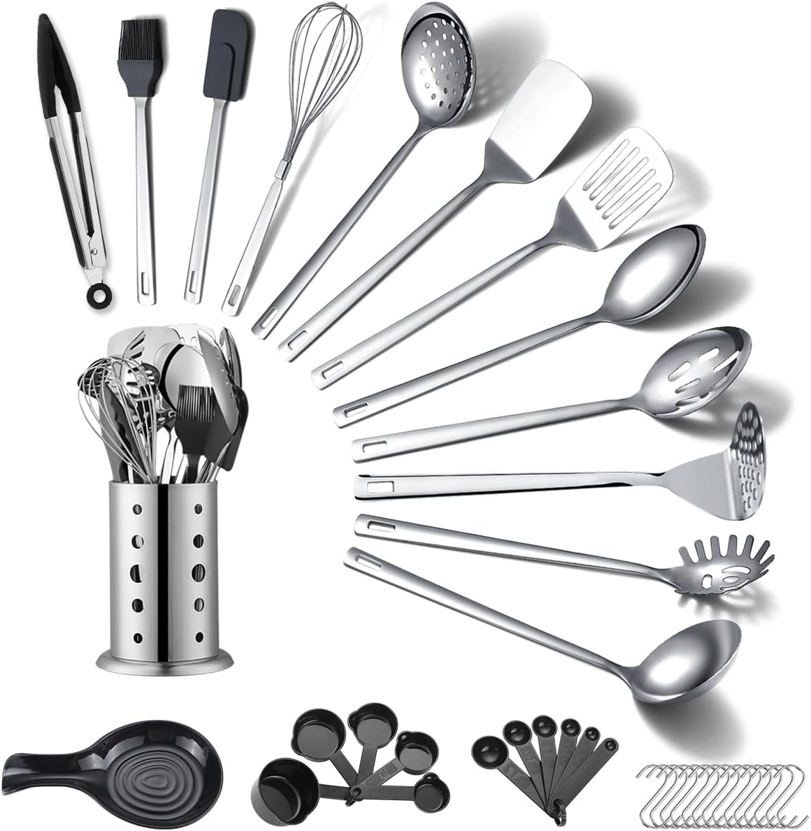 Stainless Steel Kitchen Utensils Set 40 Pieces, Cooking Utensil Set with Utensils Holder, Kitchen Gadgets Kitchen Essentials New Home, House, Appartment Must Have, Metal Spatula Set