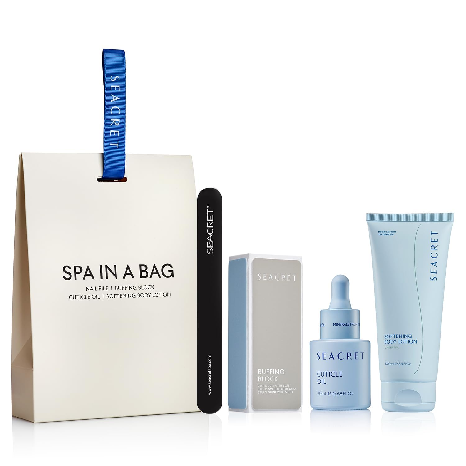 SEACRET NAIL CARE COLLECTION: Dead Sea Mineral Fingernail & Toenail DIY Salon Manicure Treatment Set with File, 3-Way Buffer Block for Shine, 1 Oz Cuticle Oil, & 6.8 Oz Body Lotion Kit