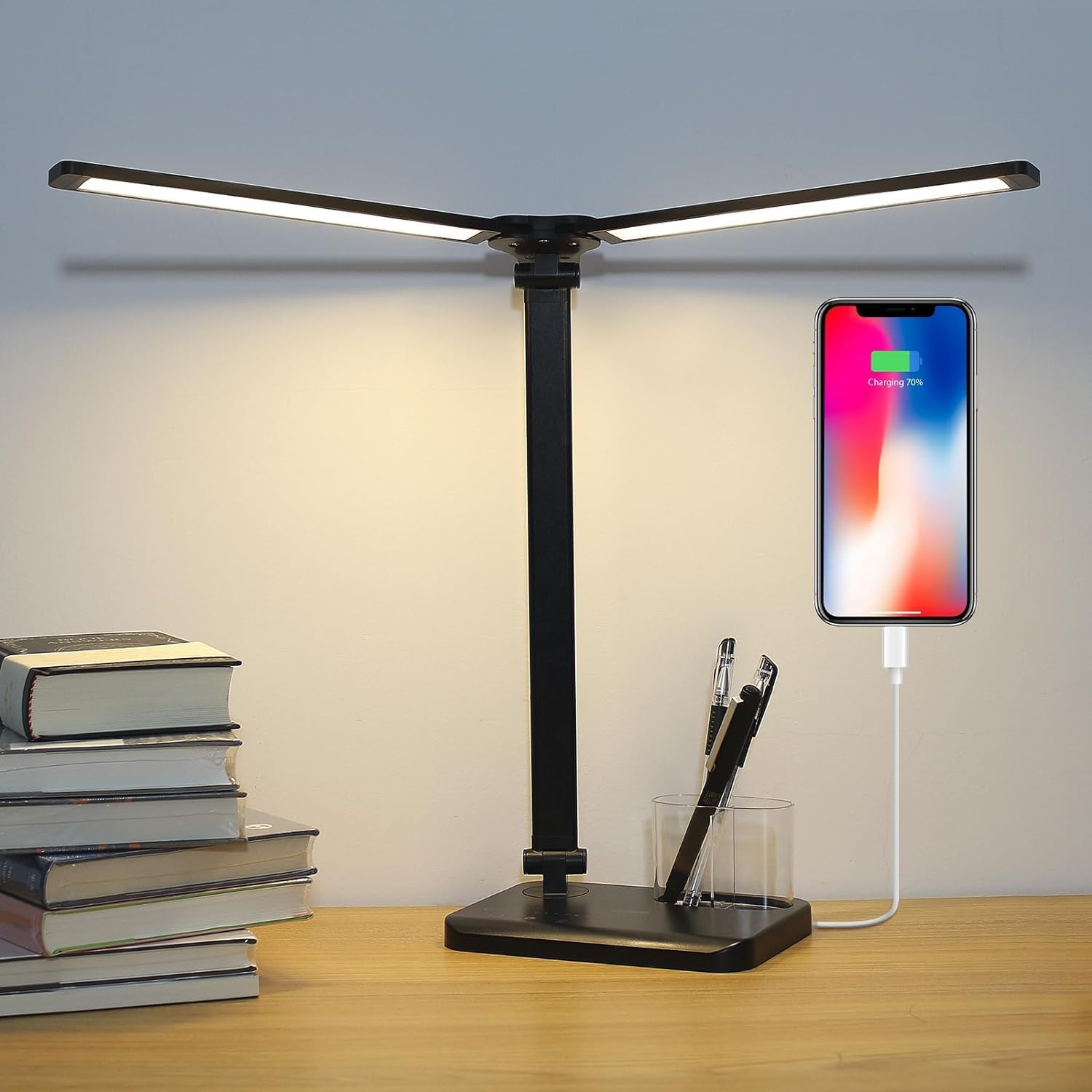 iVict Dual Swing Arm LED Desk Lamp, 5 Modes Touch Control Brightness Levels Desk Light with 45-Minute Auto-Off Timer, USB Charging Port, Memory Function, Desk Lamps for Children