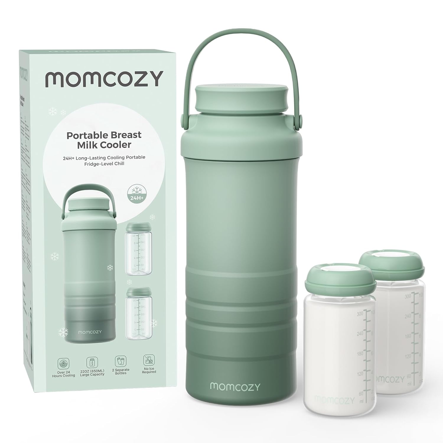 Momcozy 22oz Portable Breast Milk Cooler for Outdoor, Life Saver with 360° Total Cooling for 24 Hours, Larger Capacity Travel Breastmilk Chiller with 2pcs Baby Bottles for Breastmilk Storage, Green