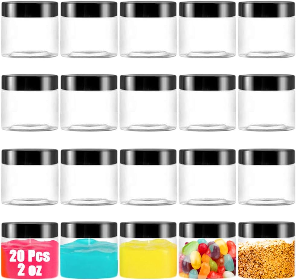 20 Pack 2 oz Clear Plastic Round Slime Containers,Empty Plastic Storage Jars with Black Lids,Refillable Storage Container for Slime,Cosmetic,Cream,Paint,Jewelry