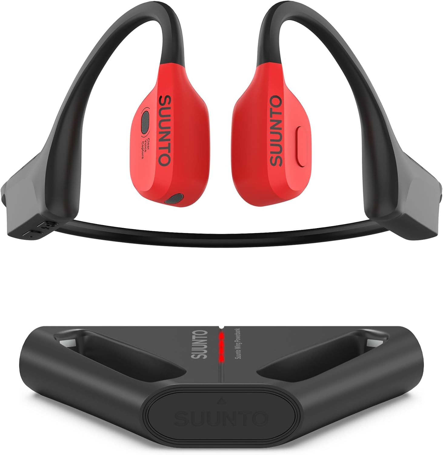 SUUNTO Wing Open-Ear Bone Conduction Headphone, Bluetooth Sports Earphone with Head Movement Control, Built-in Dual-Mic, IP67 Waterproof, Safety LED Lights, Up to 30H Playtime w/Charging Stand, Red