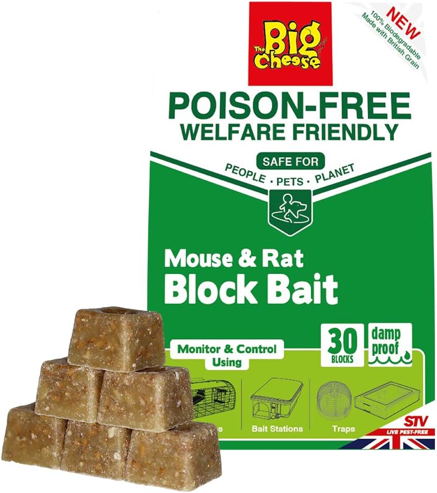 The Big Cheese Poison-Free Mouse & Rat Block Bait - 10g x 30 Poison-Free Welfare Friendly British Grain Biodegradable Safe Around Children and Pets, Beige