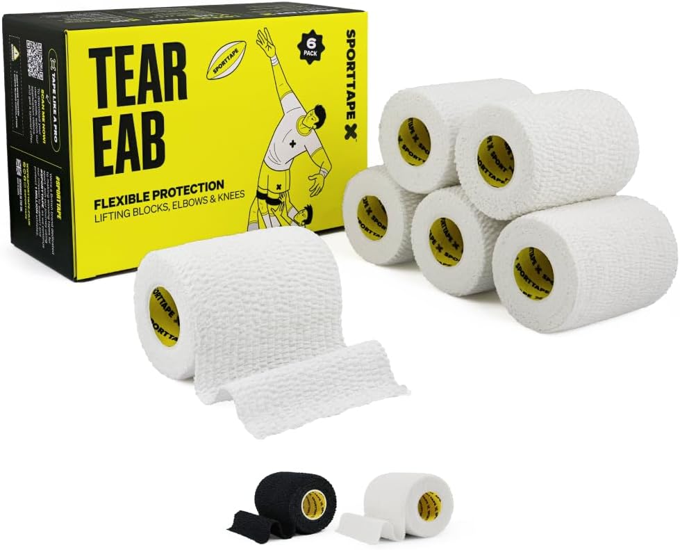 6 Rolls - SPORTTAPE EAB Tape | 7.5cm x 4.5m - White - Tearable Elastic Adhesive Bandage | Rugby Lifting, Tear Light Strapping Tape for Medical, Lifting Blocks, Knee Strapping, Elbow & Wrist