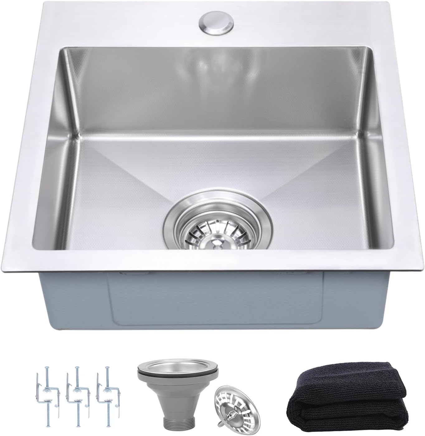 15 Inch Drop In Bar Sink，18-Gauge Small Kitchen Sink Stainless Steel with 3D Embossed Texture，Single Bowl Square Design