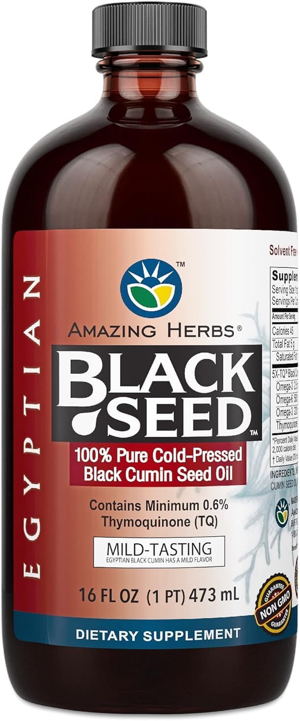 Amazing Herbs Premium Black Seed Oil Liquid - 16 Fl Oz Glass Bottle