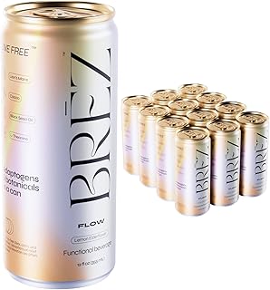 BREZ FLOW Lion’s Mane Mushroom Drink | Adaptogens & Botanicals | Motivated, Clear, Uplifted | Sparkling Lemon Elderflower Tonic 12 Fl Oz (12-pack)