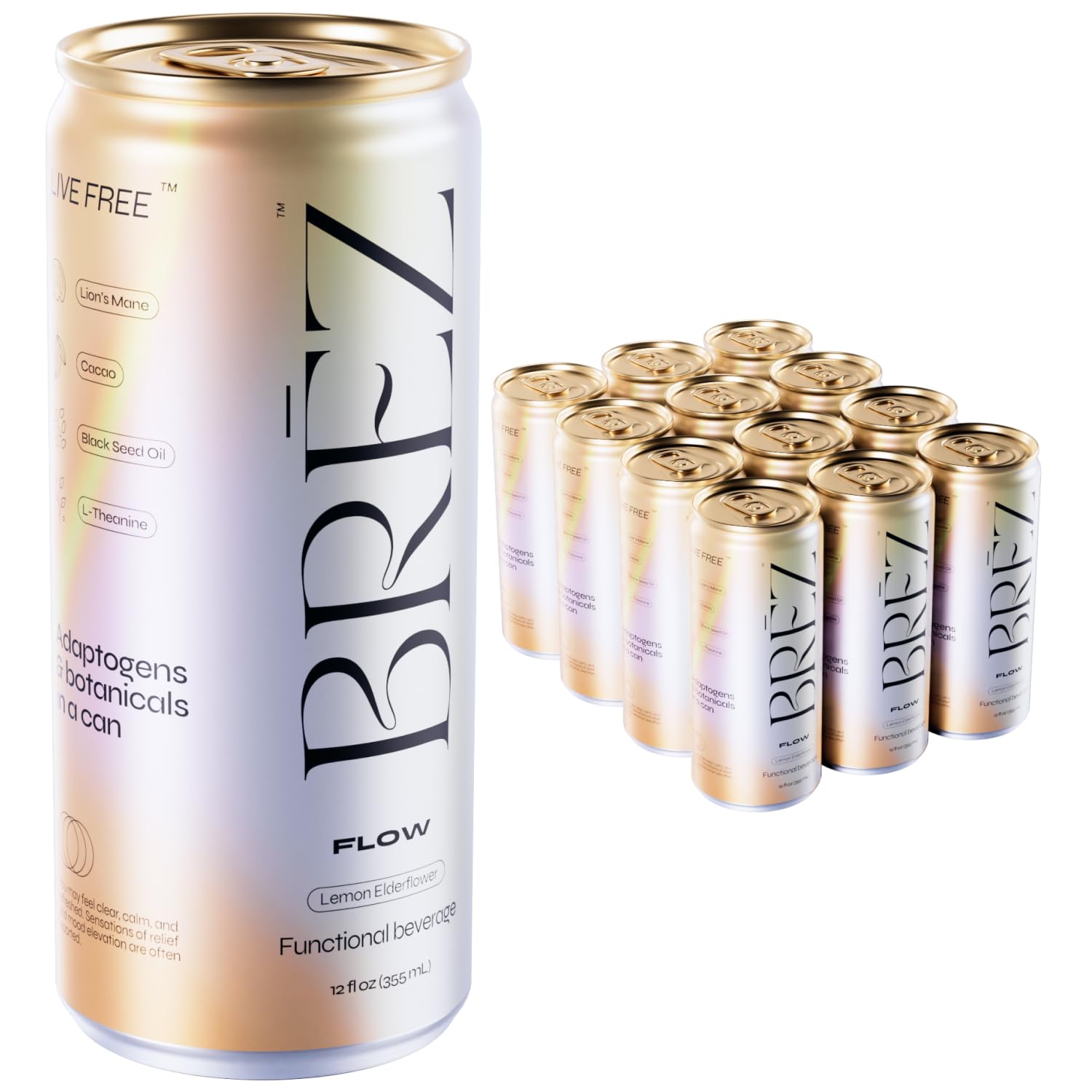 BREZ FLOW Lion’s Mane Mushroom Drink | Adaptogens & Botanicals | Motivated, Clear, Uplifted | Sparkling Lemon Elderflower Tonic 12 Fl Oz (12-pack)