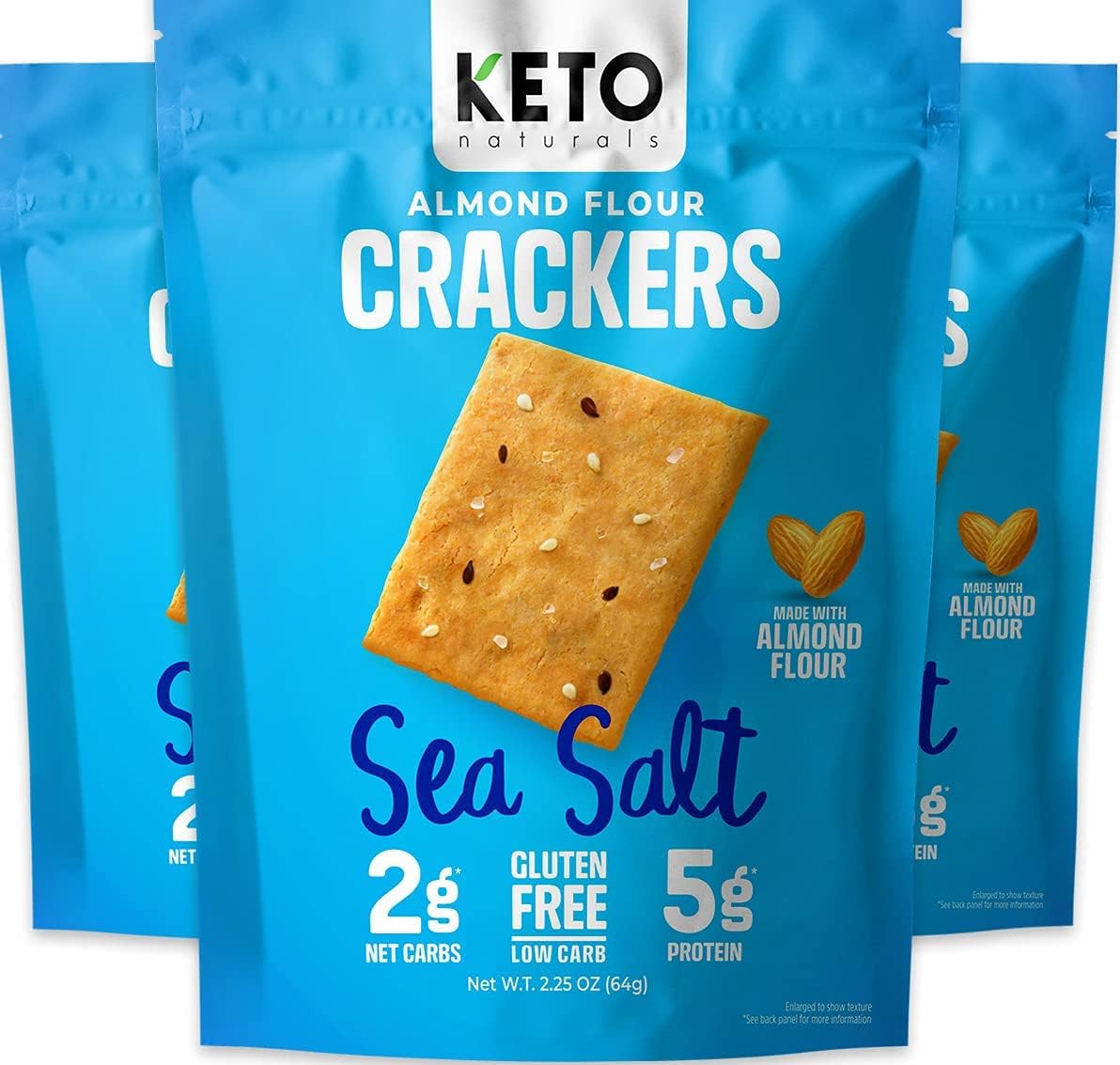 Keto Crackers (Sea Salt), low carb crackers, Keto Snacks, low carb snack. No added Sugar, high fibre & gluten free (3 x 64g Packs). Almond flour crackers, Keto snacks no carbs no sugar, paleo
