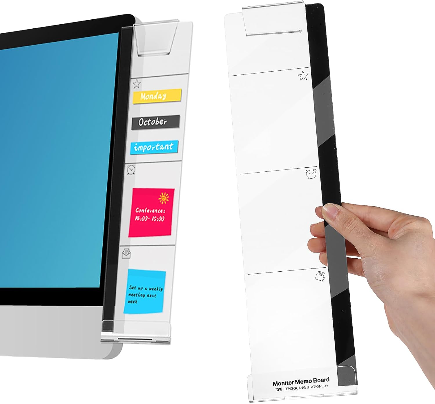 Qianyu Acrylic Computer Monitor Memo Board for No Edge Monitors Office Decor Supplies for Women Men Computer Side Panel Sticky Note Holder Home Office Desk Accessories Desktop Message Board