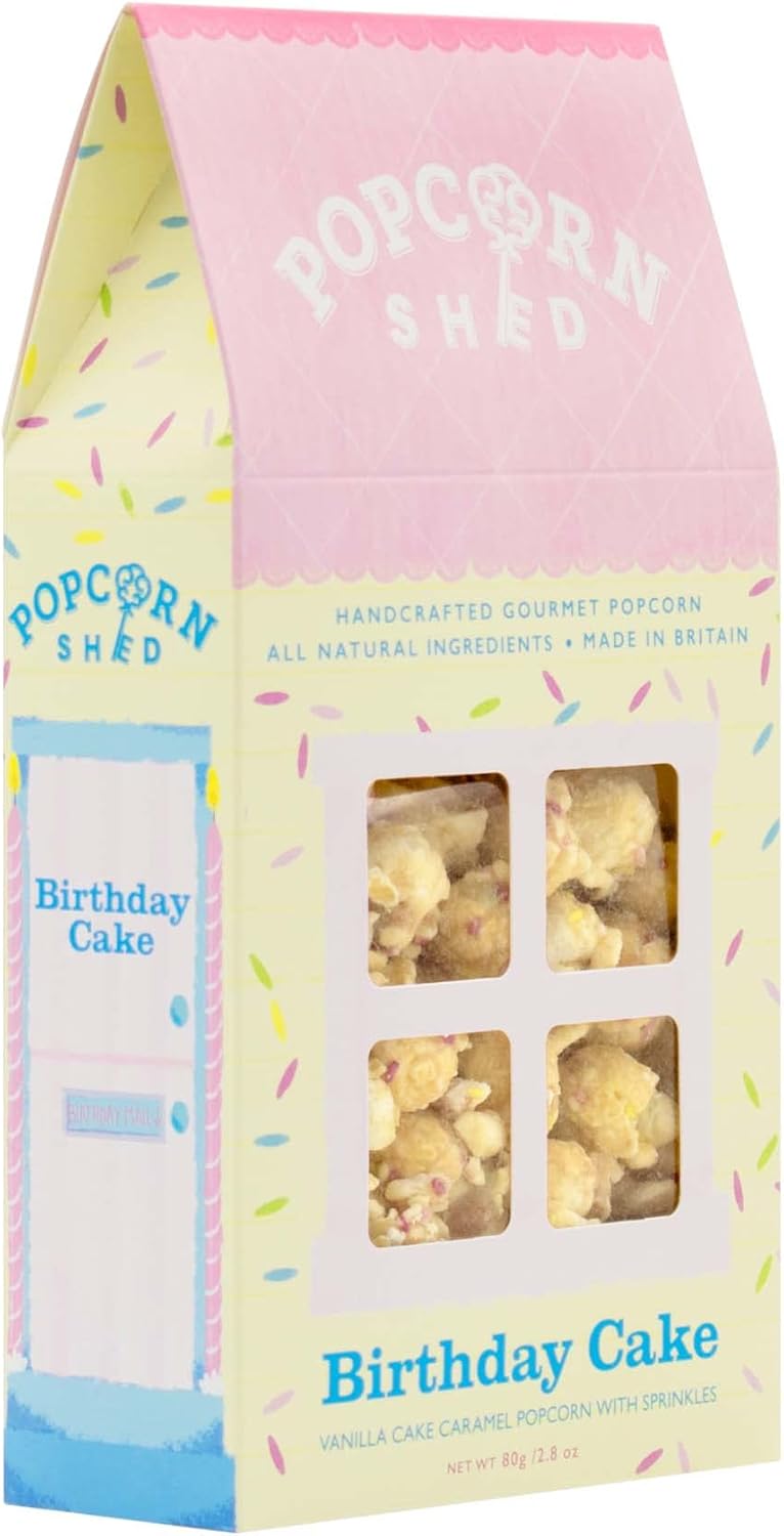Birthday Cake Popcorn Shed, 1 x 80g Gift Box, Natural, Vegetarian Movie Night Snack