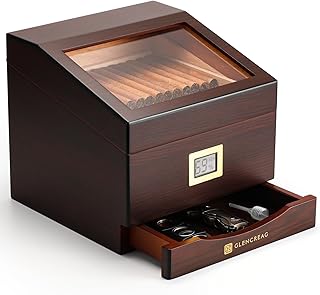 FT-2042 Cigar Humidor Box for 85 Counts, See-Through Design with Spanish Cedar Lining & Divider, Digital Hygrometer, Accessory Drawer & Humidifier, Gift for Cigar Lovers