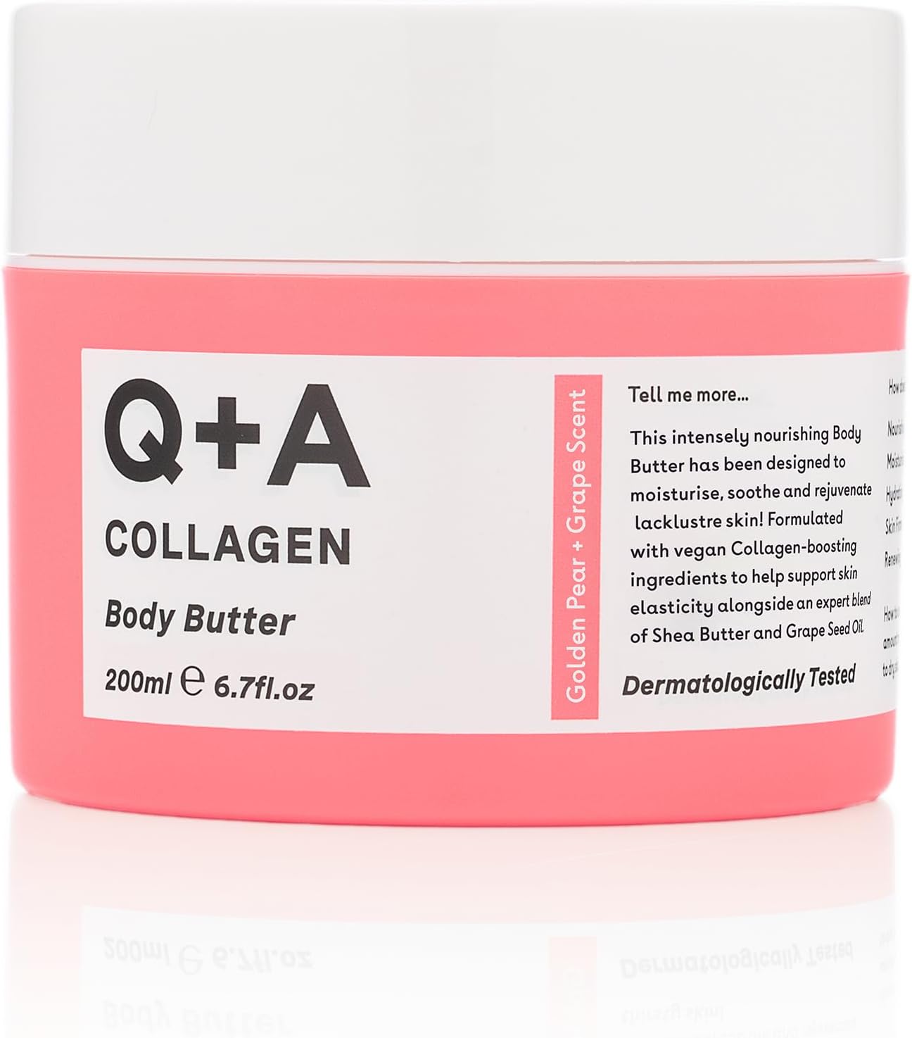 Q+A Collagen Body Butter: Luxuriously Rich, Intensely Moisturising Vegan Formula with Hydrolysed Vegetable Protein, Shea Butter, Squalane, and Golden Pear and Grape Scent for Soft, Supple Skin, 200ml