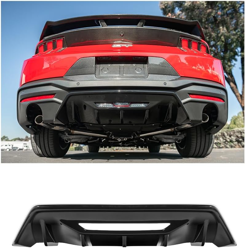 Replacement For 2024-Present Ford Mustang S650 EcoBoost & GT Models | Performance Track Style Replacement Add-On Rear Lower Bumper Finned Diffuser (ABS Plastic - Painted Glossy Black)