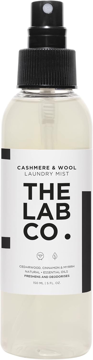 The Lab Co. Cashmere and Wool Mist Spray 150ml. Scented with Myrrh, Cinnamon and Cedarwood. Fabric Freshener and deodoriser for reviving woollens.