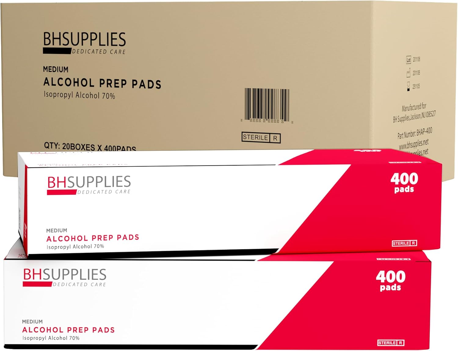Bulk Case: 400 pcs/Box - 20 Boxes - BH Supplies Alcohol Prep Pads - 70% Isopropyl (Total 8000 pcs)
