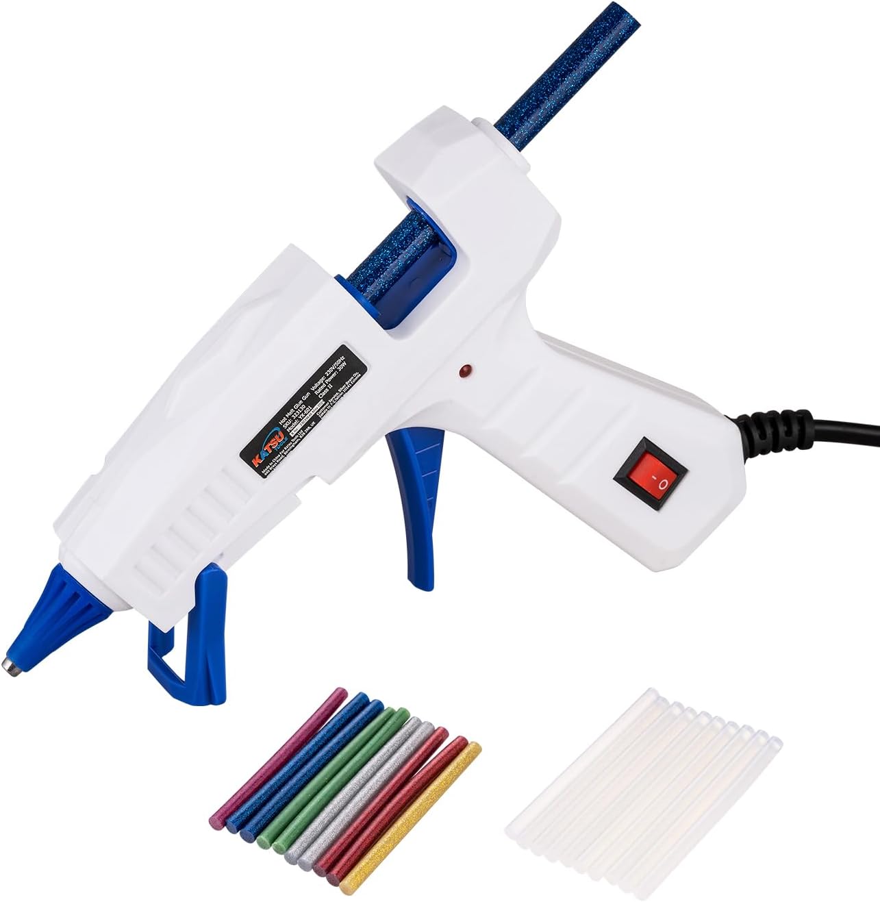 KATSU Tools Hot Glue Gun, 30W Electric Hot Melt Glue Gun with 20PCs 7x100mm Coloured and Clear Glue Sticks, Fast Heating, for DIY Craft Hobby and Home Quick Repairs 323130