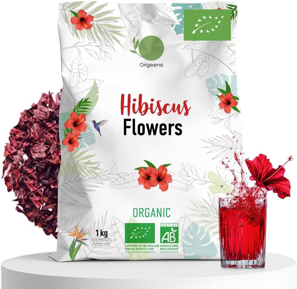 ORIGEENS HIBISCUS TEA Organic 1kg Premium Grade | Hibiscus Flower for Infusions, Iced Tea, Karkade | Dried Hibiscus Flowers, Draining Detox Tea