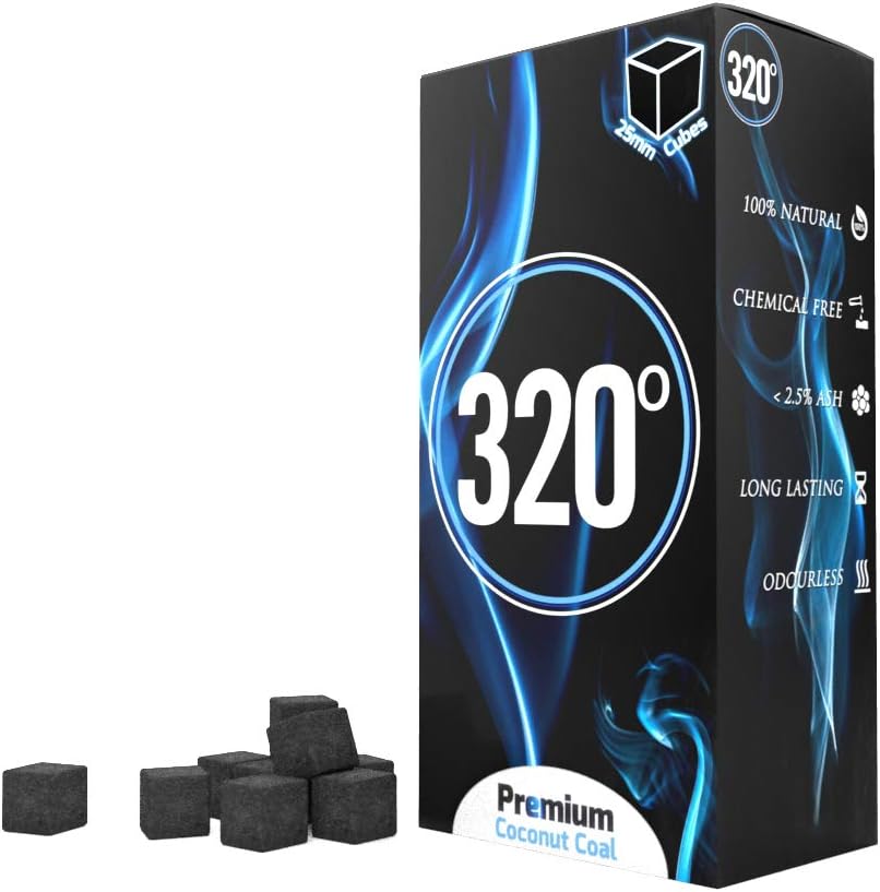 4kg - 320° Premium Coconut Shisha coal charcoal (25mm Cube) for hookah & BBQ 4 kg - 288 pieces - Nicotine Free