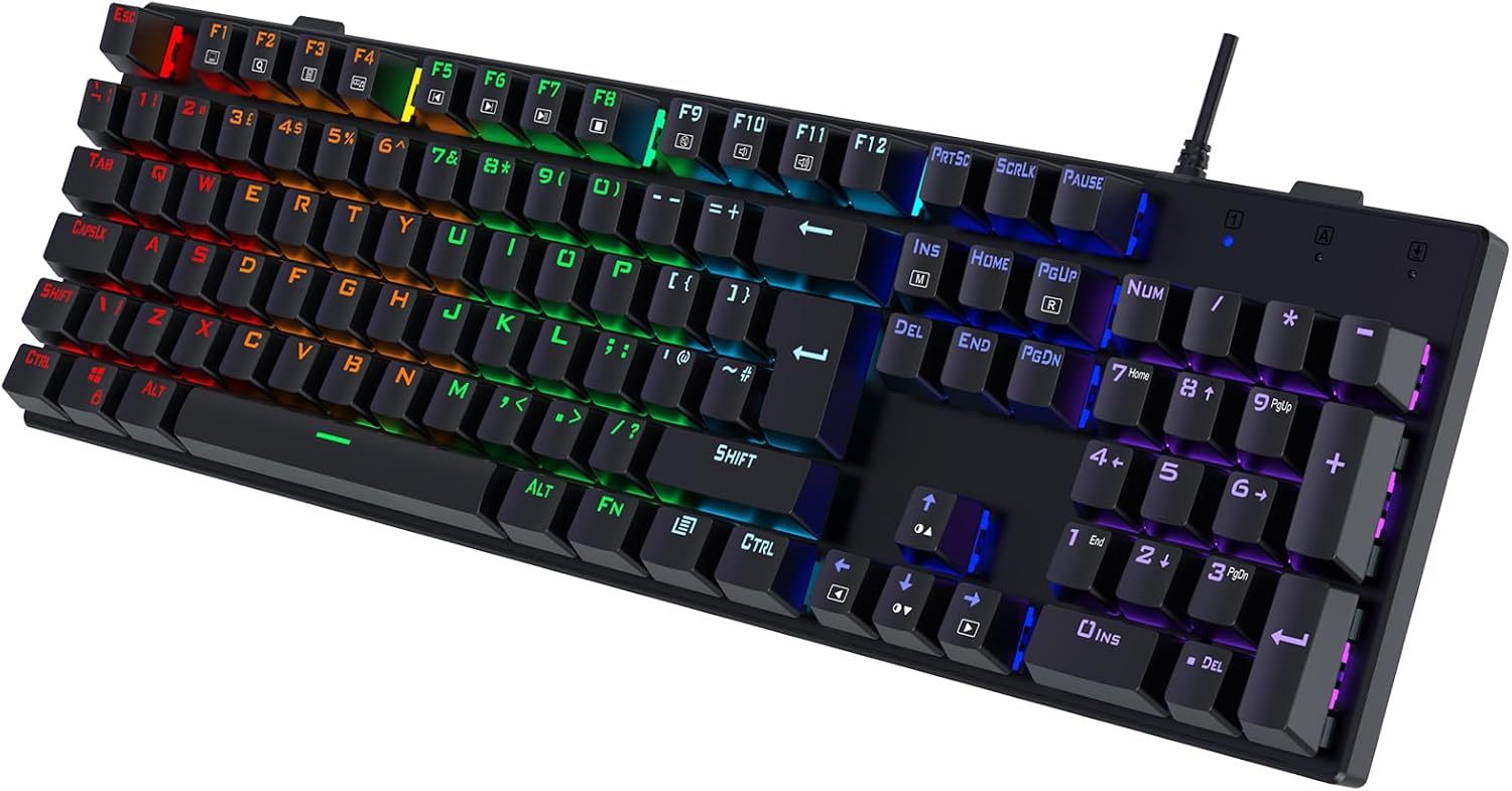 Mechanical Gaming Keyboard, RGB 104 Keys Wired Keyboard with Blue Switches | Ultra-Slim Rainbow LED Backlit USB Wired Keyboard, Durable ABS Keycaps/Anti-Ghosting/Spill-Resistant for PC Mac Xbox Gamer