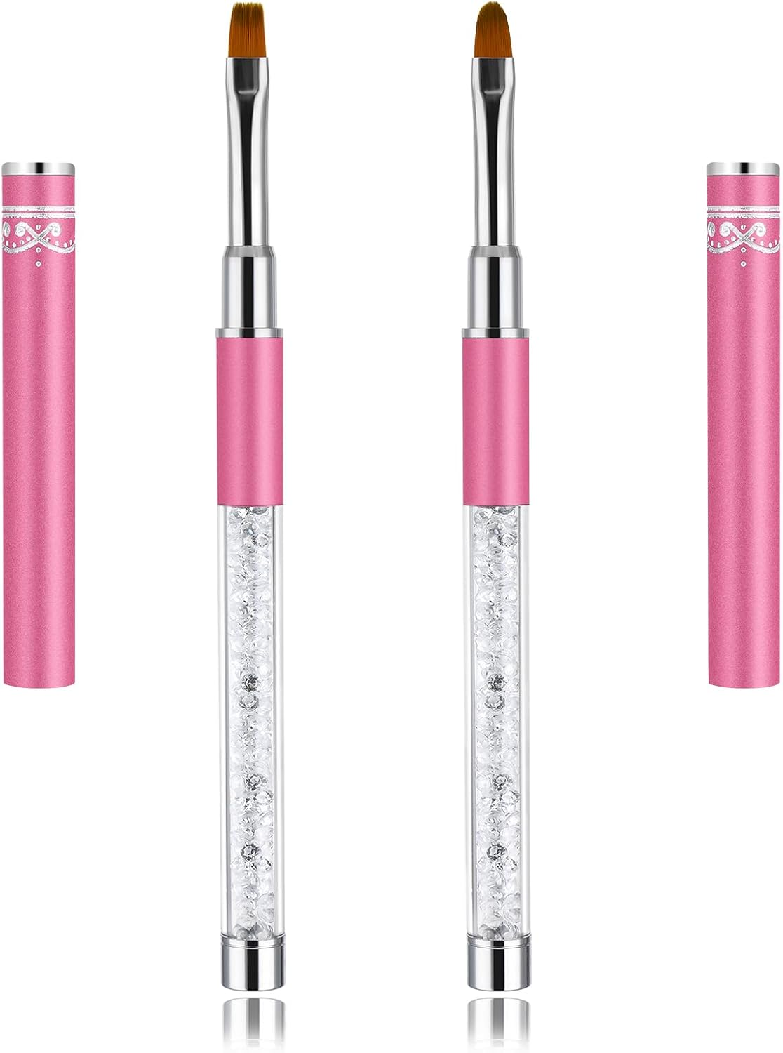 2Pcs Oval & Flat Gel Nail Brush Set Rhinestone Handle Nail Art Design Brushes Nail Drawing Pen Nail Art Clean Up Brushes Gel Brushes for Nails (Pink)
