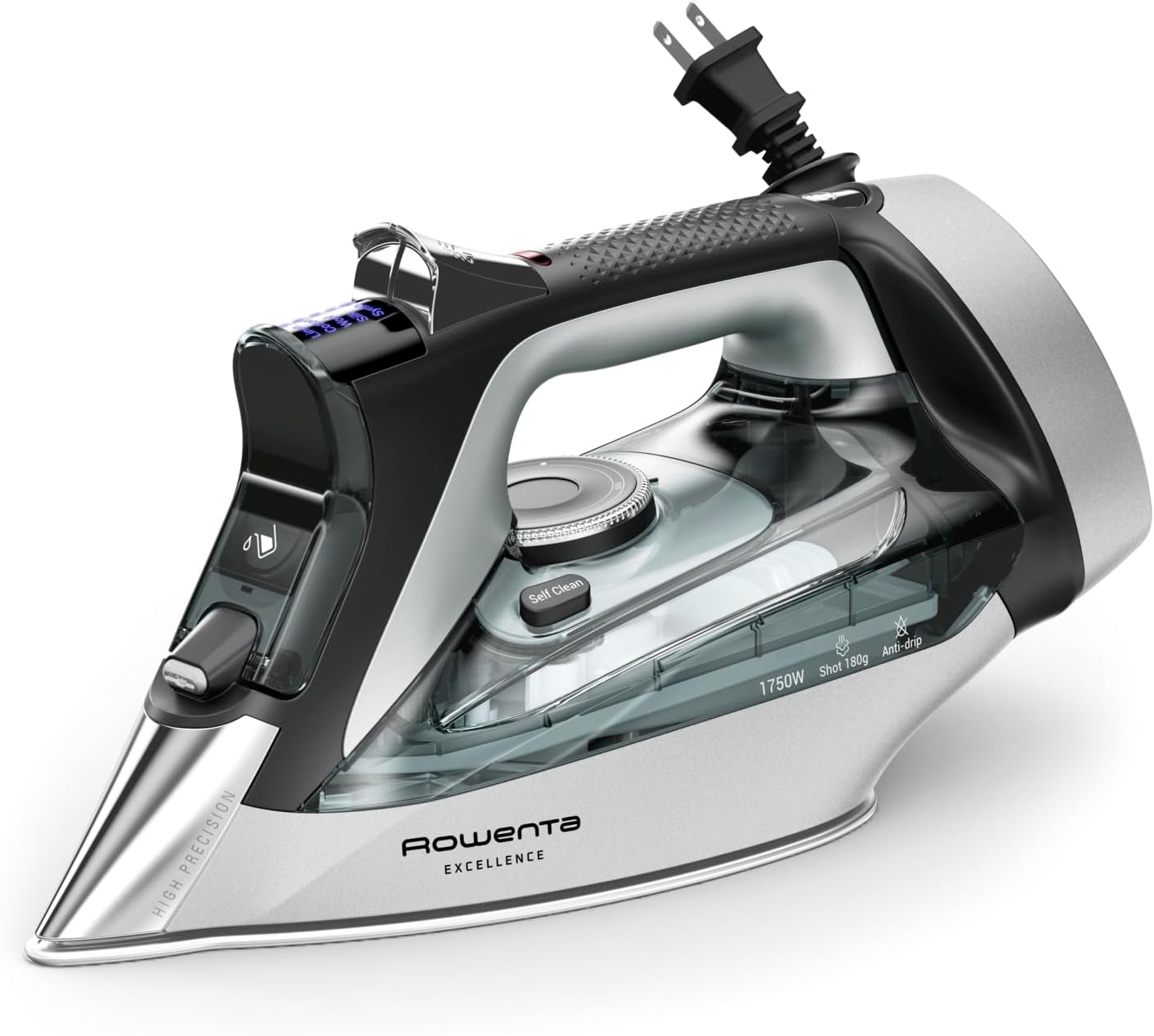 Rowenta Iron, Focus Excellence Stainless Steel Soleplate Steam Iron for Clothes, Retractable Cord, 400+ Microsteam Holes, Powerful steam, LED Display, 1750 W Ironing Clothes, Cordreel, Green DW5432