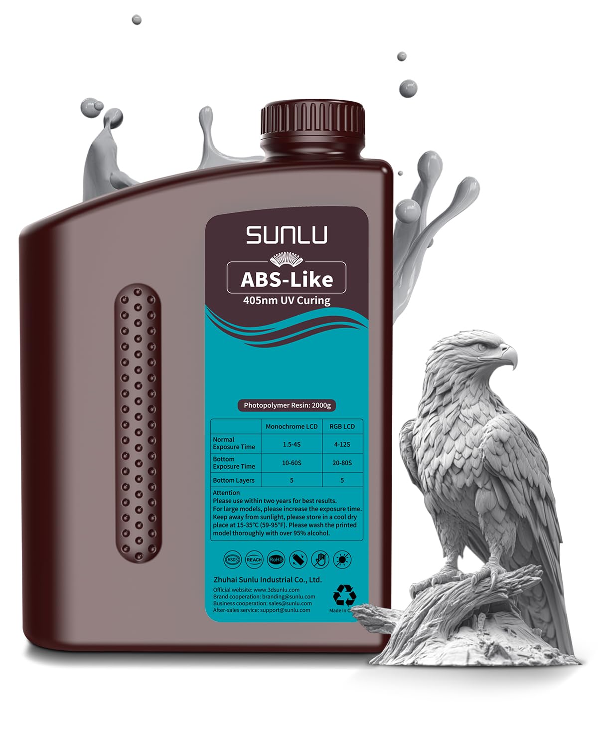 SUNLU 2000G ABS Like Resin For 3D Printer, 405nm UV Curing Photopolymer Rapid 3D Resin For 2K 4K 6K 8K LCD/DLP/SLA 3D Printers, Non-Brittle & High Precision & Low Shrinkage, 2KG, Grey
