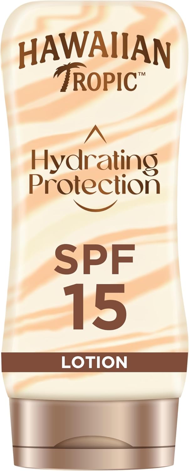 Hawaiian Tropic Hydrating Protection Sunscreen Lotion, Water Resistant SPF 15 UVA + UVB Protection Suncream, 12-Hour Moisturising Sun Lotion with Cocoa and Shea Butter, 180 ml