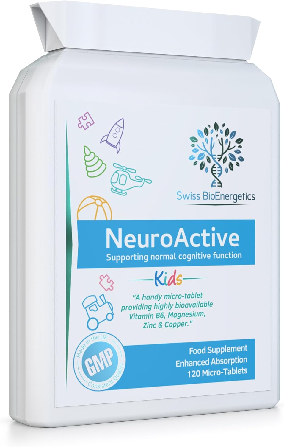 NeuroActive 120 Highly bioavailable Micro-Tablets - Magnesium Citrate, Zinc Picolinate, Copper Glycinate & Vitamin B6 Balanced for Children and Adults - Vegan - UK Made