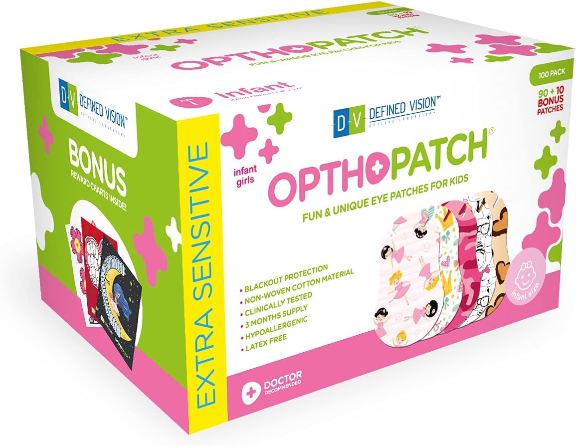 Opthopatch Eye Patches for Infants - Extra Sensitive Adhesive - Girls' Design [Series II] - 100 Count + 3 Reward Charts
