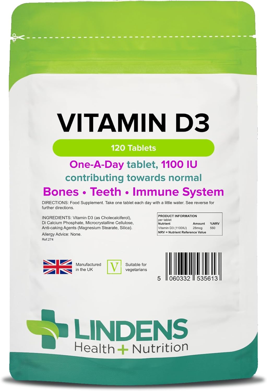 Lindens Vitamin D3 1100IU - 120 Tablets - Immune System, Bones, Teeth, UK Manufacturer Immune Support | (4 Months Supply) | Suitable for Vegetarians | Letterbox Friendly