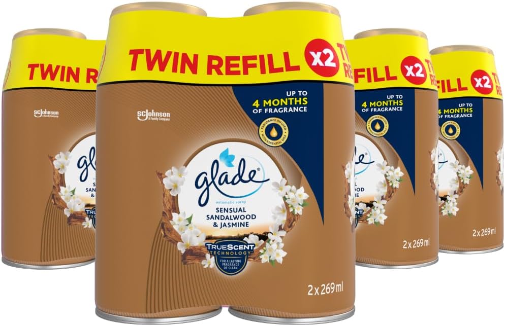 Glade Automatic Air Freshener Refills, Room Spray & Odour Eliminator, Sandalwood & Jasmine, Pack of 4 Duos (8 Refills x 269ml)