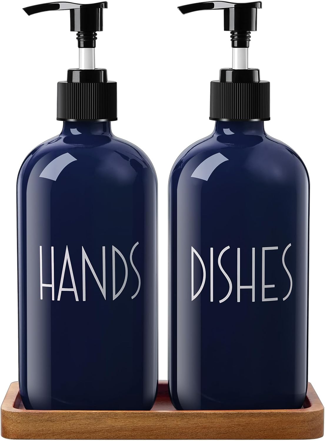 Navy Blue Dish Soap Dispenser for Kitchen - 16 OZ Hand Soap Dispenser Set with Acacia Wood Tray - Blue Kitchen Bathroom Home Decor and Accessories