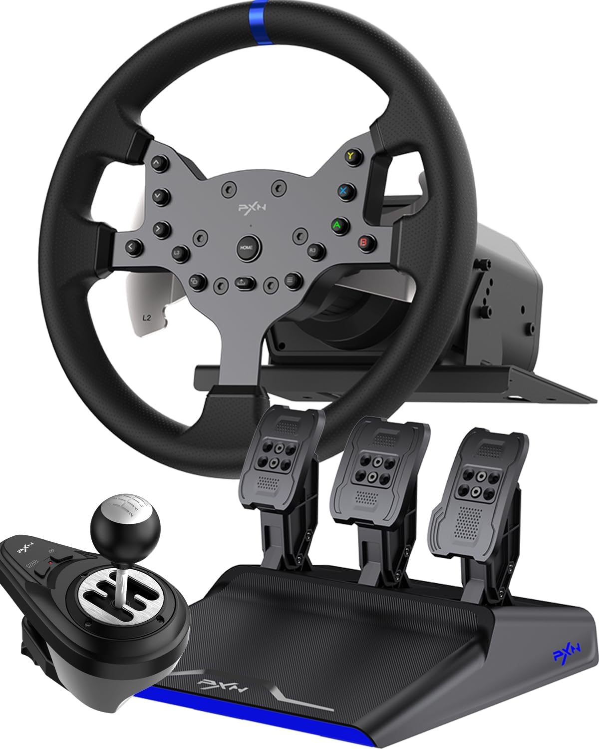 PXN V99 Gaming Steering Wheel, Driving Force Feedback Steering Wheel with Pedals and Shifter - 3.2NM, 270°&900°, 11.8 inch, 4 Paddle Shifters, Tools APP - Racing Steering Wheel for PC, Xbox and PS4