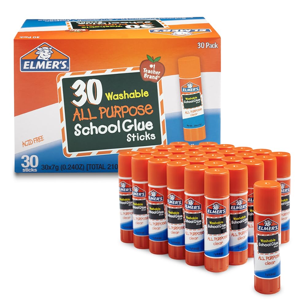 Elmer's All Purpose School Glue Sticks, Acid-Free and Washable, Clear, 7 Grams, 30 Count - Ideal for Craft Projects, Scrapbooking, Classroom, Home, Office, Teacher Supplies