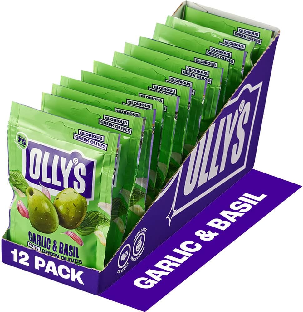 Olly's Olives, Garlic & Basil, 50g (Pack of 12), 100% Natural Ingredients, Handy Snack Pouches, Healthy Vegan Snacks, Low Calorie, Source of Fibre, No Preservatives, Gluten Free