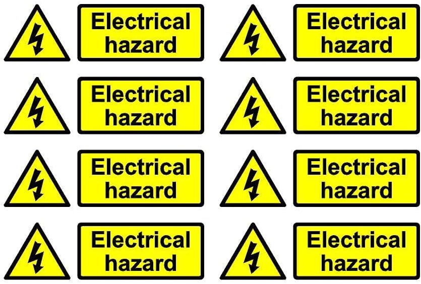 Electrical hazard safety sign - Pack of 8 150mm x 50mm Self adhesive stickers - Self adhesive stickers on sheet (300mm x 200mm)