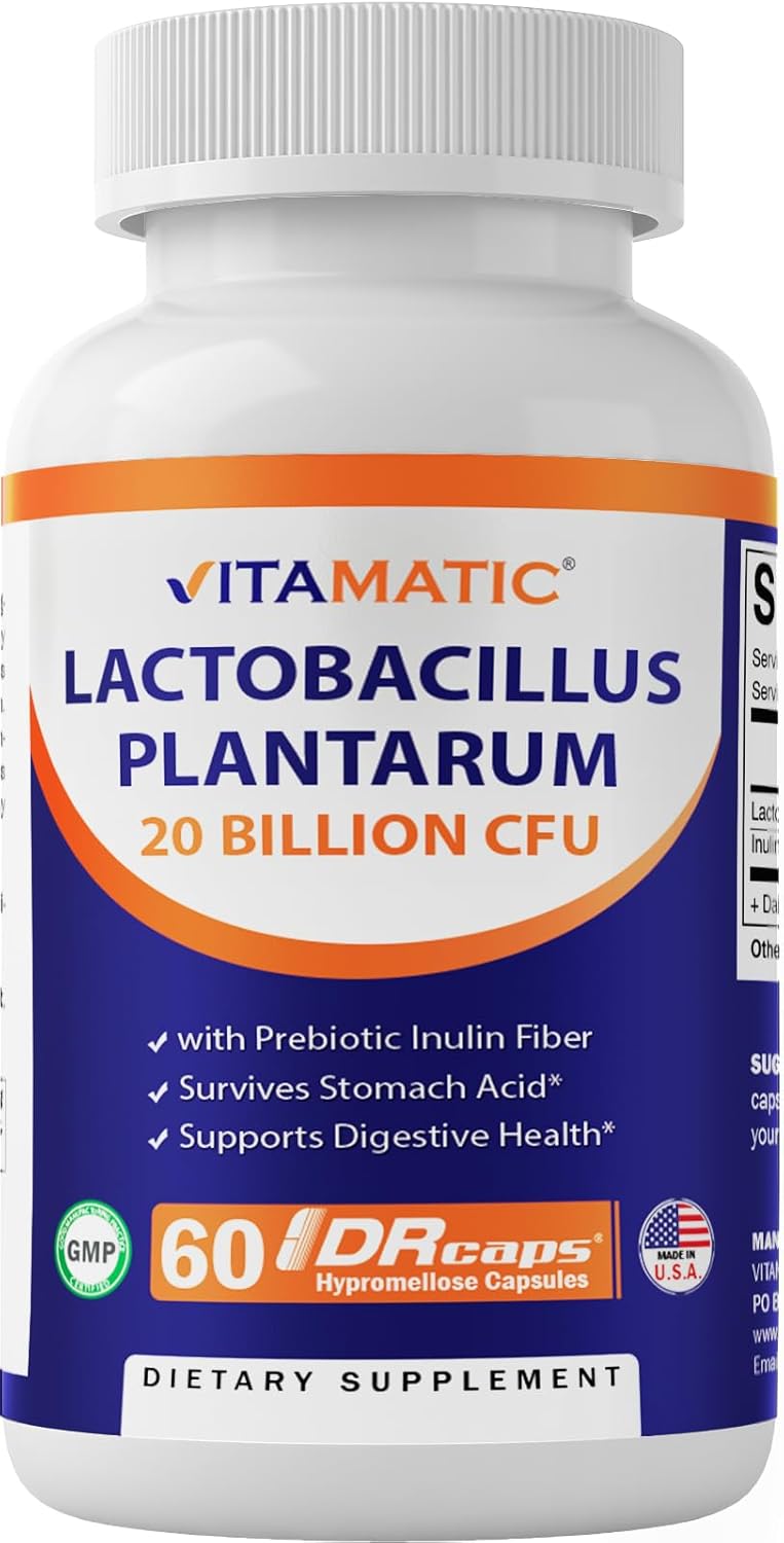 Vitamatic Lactobacillus Plantarum - 20 Billion per DR Capsule - 60 Count - Digestive Support - Made with Prebiotic Inulin Fiber