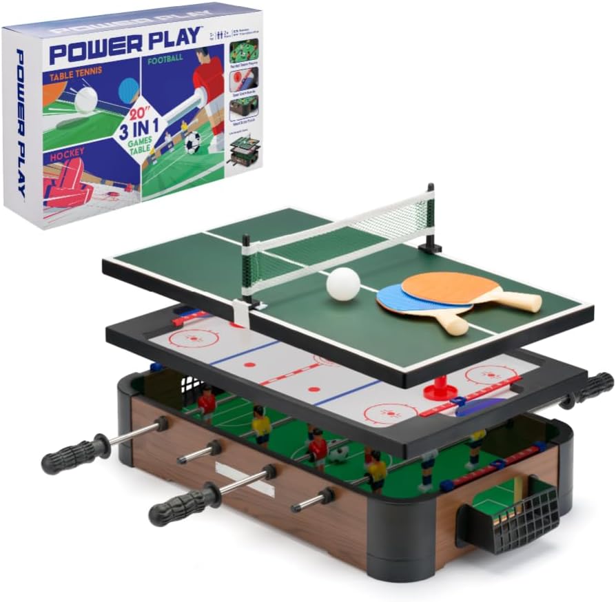 PowerPlay 3 in 1 Table Top Games Age 5+, Multi Game Table Set, Mini Football, Hockey and Table Tennis, One Size