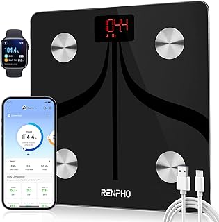 RENPHO Smart Scale for Body Weight, USB-C Rechargeable Digital Bathroom Scale, Electronic 13 Body Composition Monitor with Smartphone App, 396 lbs, Black, Elis 1 (11 inch)