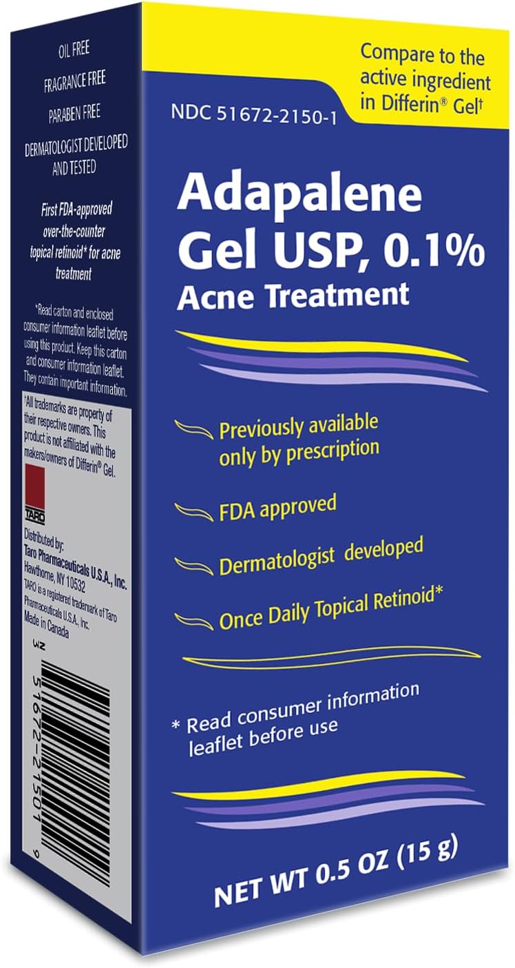 TARO Adapalene 0.1% USP Gel, Paraben Free, Retinoid Acne-Prone Facial Treatment for Sensitive Skin, Prescription Strength (0.5 Oz)