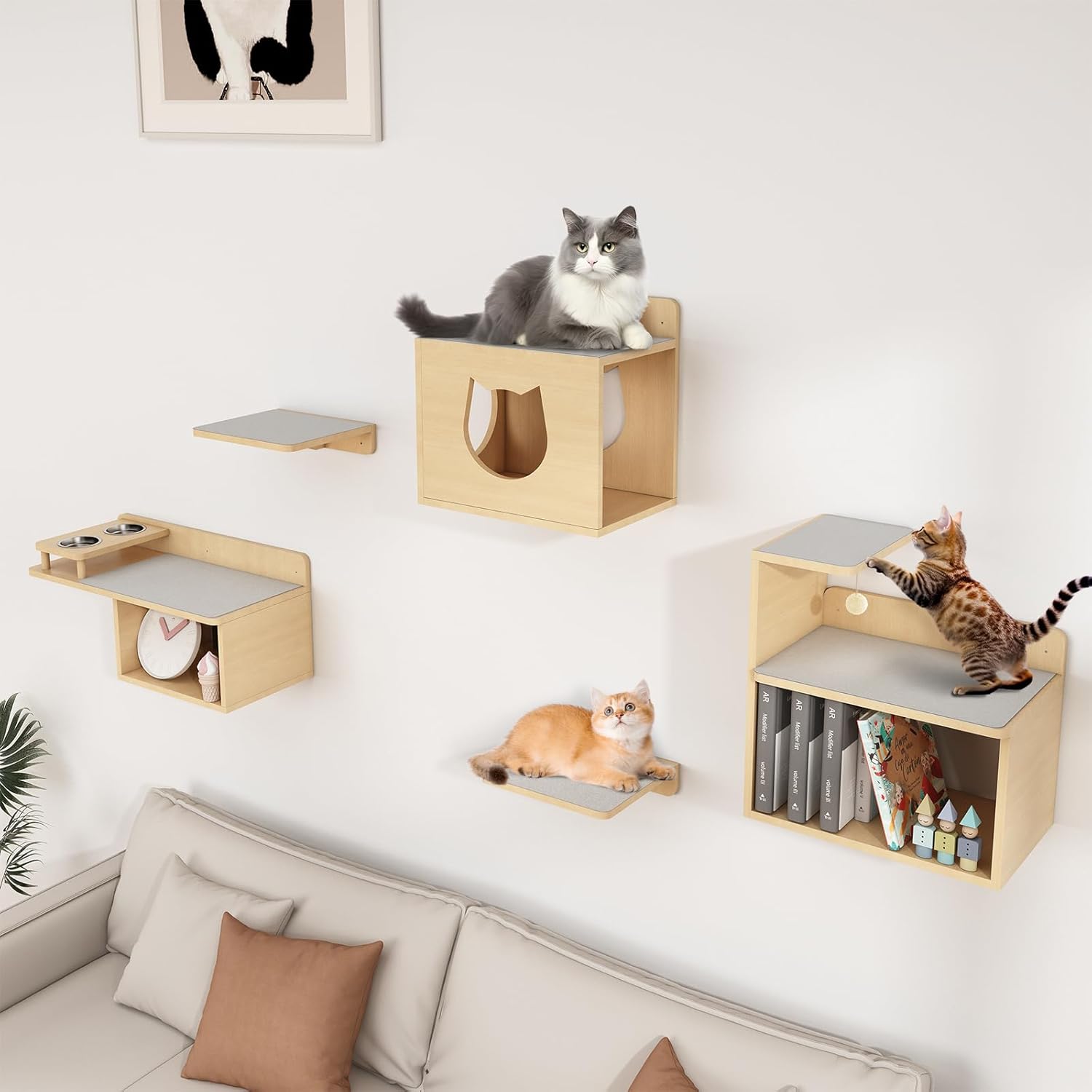 Cat Wall Shelves with Storage, Cat Wall Furniture and Perch, Cat Climbing Wall with Two Bowls, Wall Mounted Cat Shelves for Playing, Set of 5 Floating Cat Shelves