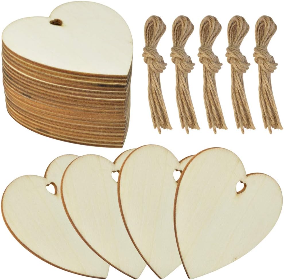 obmwang 50 Pieces 3" Natural Heart Wood Slices, DIY Wooden Ornaments Unfinished Predrilled Wooden Heart Embellishments with Natural Twine for Valentine's Day, Wedding, Thanksgiving, Christmas