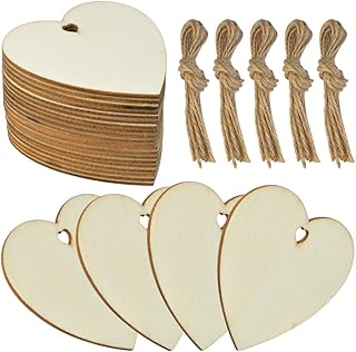 obmwang 50 Pieces 3" Natural Heart Wood Slices, DIY Wooden Ornaments Unfinished Predrilled Wooden Heart Embellishments with Natural Twine for Valentine's Day, Wedding, Thanksgiving, Christmas