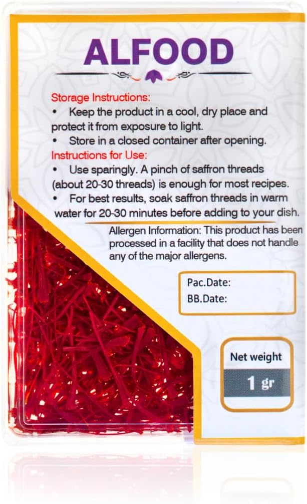 Premium Saffron Threads – 100% Pure Zafran – Latest Harvest, Farm Fresh – Rich Aroma & Colour – Spice for Cooking & Tea – AlFood (1g (0.035oz) | ~410 Strands | Standard Pack)
