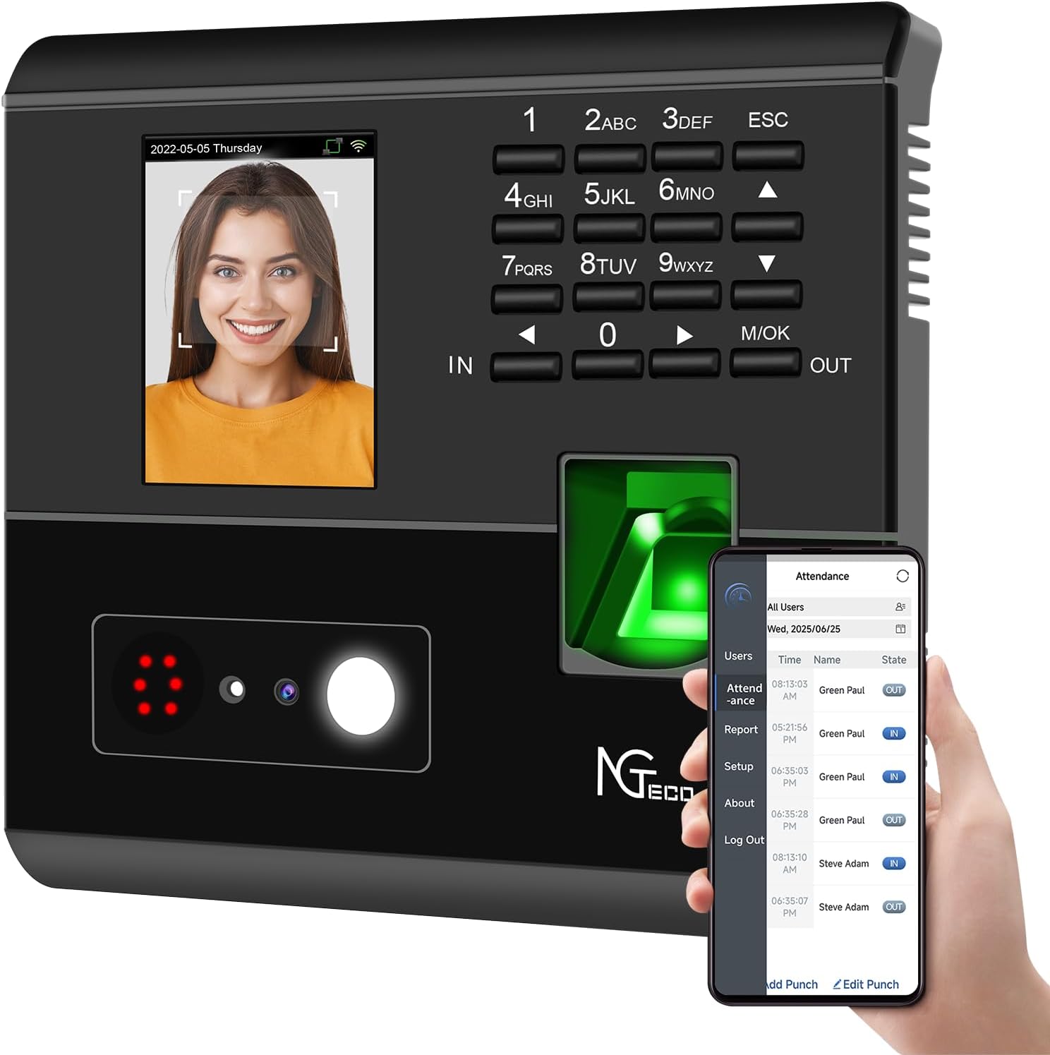 NGTeco APP-Based Time Clocks for Employees Small Business, 4-in-1 Time Clock with Face, Fingerprint, RFID, PIN, WiFi Clock in Machine for Employees with APP for iOS Android