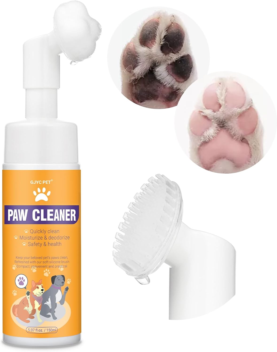 Paw Cleaner for Dogs and Cats,Magic Foam - Clean Paws Rinse Free Foaming Cleanser-Dry Shampoo, Foot Cleaner Brush - with Rose Extract, Odor Control Wash - Good for Puppy