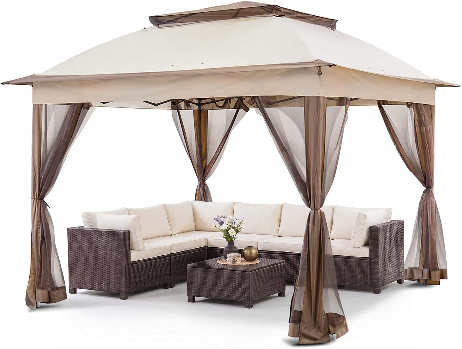 COOS BAY 11x11 Pop Up Gazebo with Mesh Netting, Instant Outdoor Canopy Tent, Water Resistant Shelter with UPF 50+ UV Protection, 121 Sq Ft Coverage, Beige